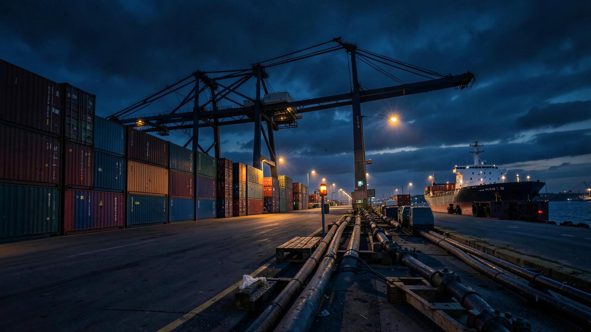 Container port at dusk with cargo ship, cranes and industrial pipes awaiting shipment